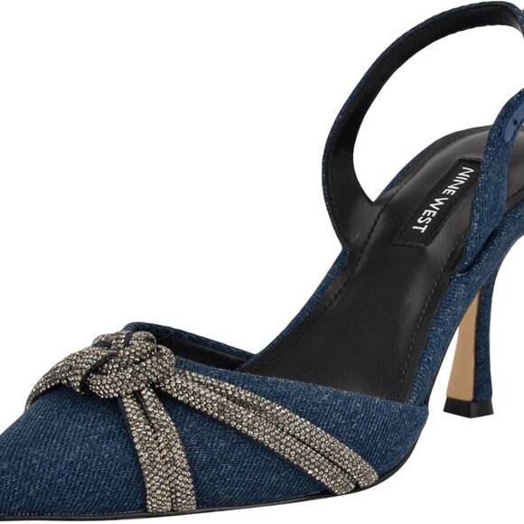 Women's Denim Pump 8 Pointy Toe Buckle Tapered Heel Dress Shoe - Picture 1 of 6